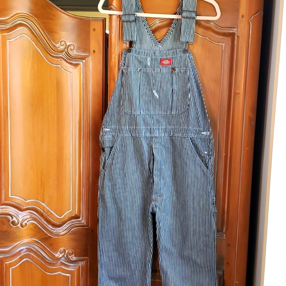 DICKIES, Womens bib overalls. Hickory striped. Very good used condition. Medium.